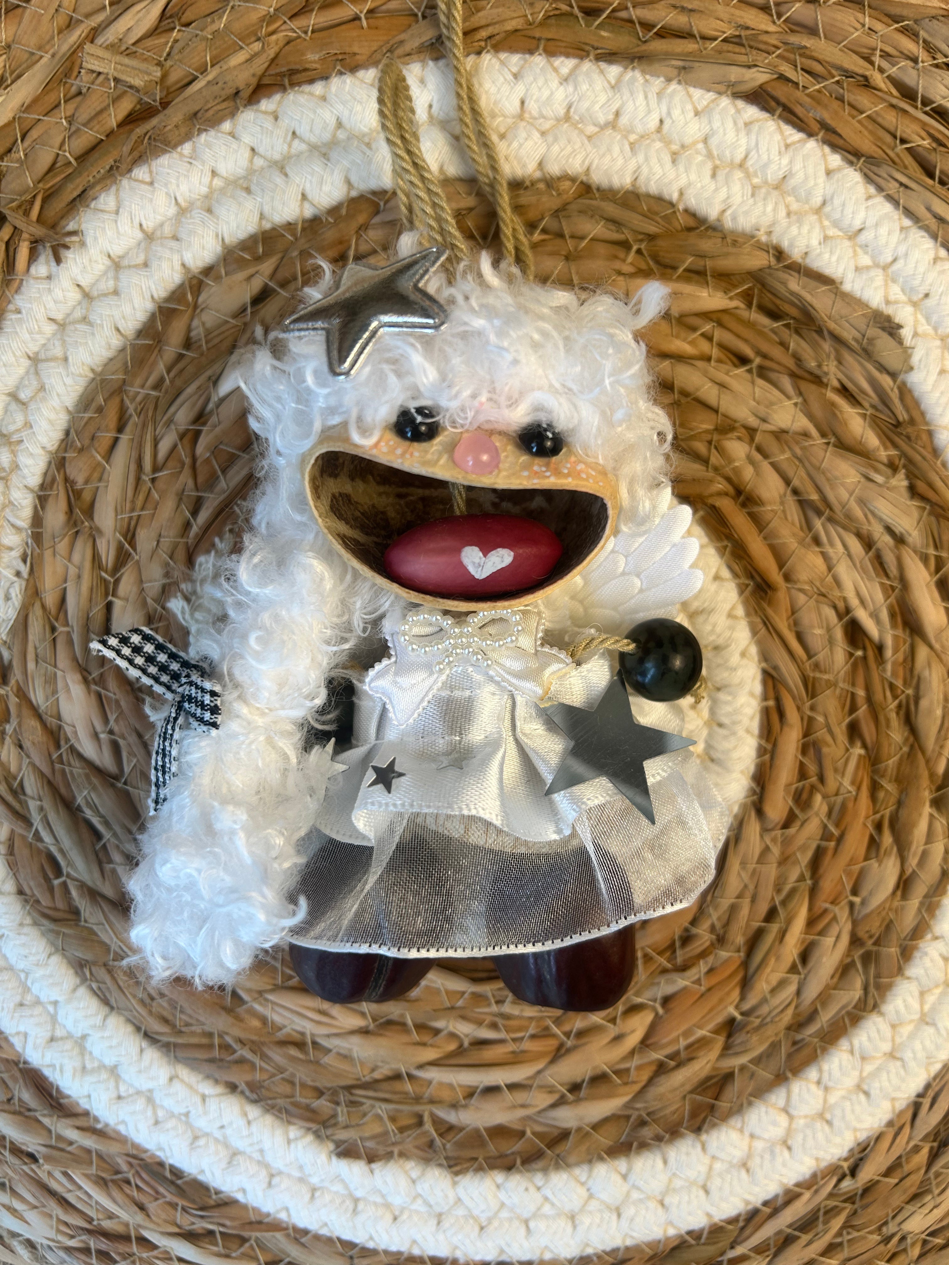 Handmade Natural Nut Shell Angel Ornament, White Boho Mini Charm for Home Decor & Gift