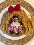 Handmade Natural Fruit Shell Ugly Cute Girl Ornament, Vintage Red Bow Plaid Dress Mini Charm for Accessory & Gift