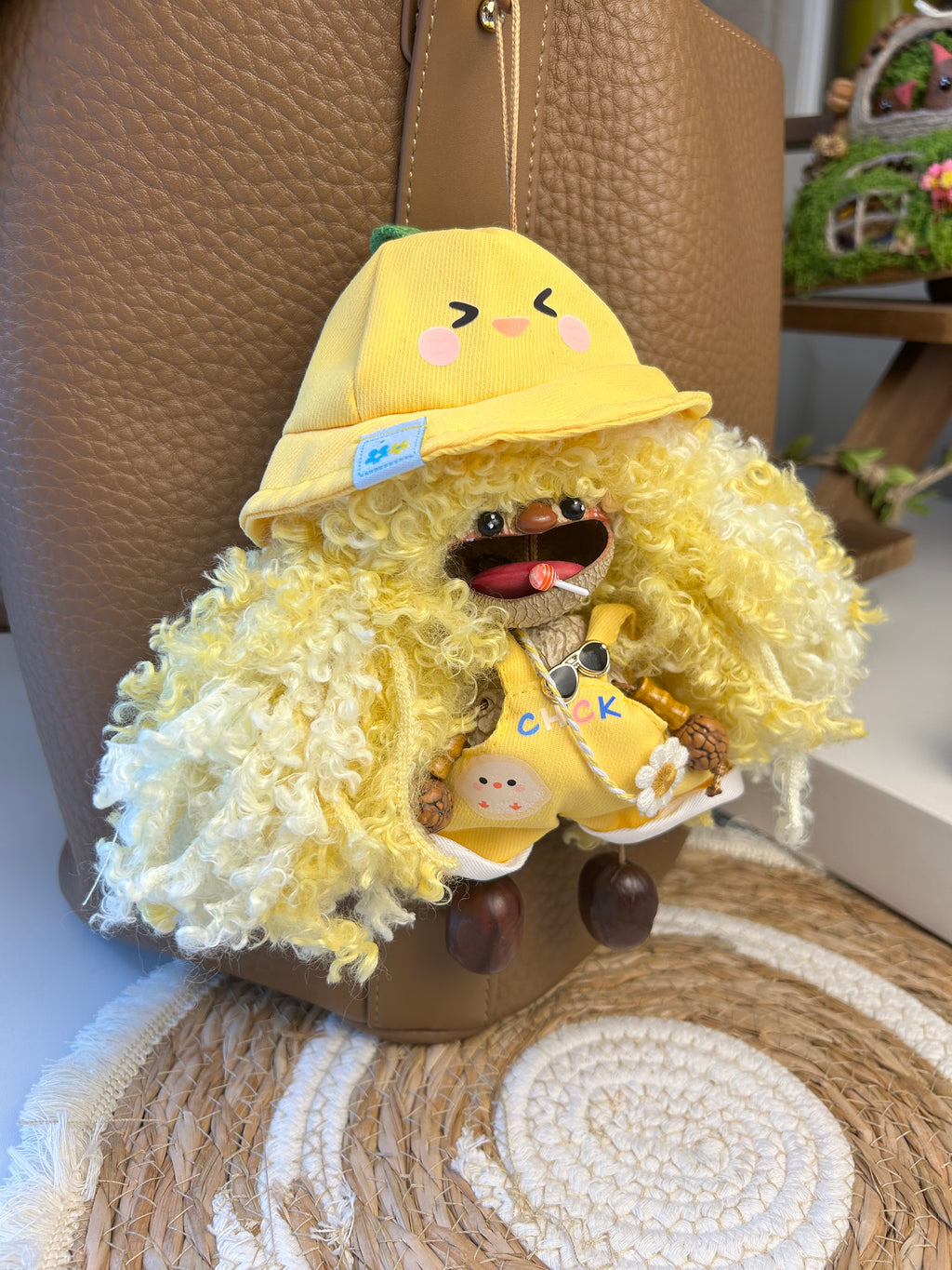 Handmade Natural Nut Shell Doll, Cute Yellow Vacation Style Doll, Boho Mini Charm for Home Decor & Bag Pendant & Gift