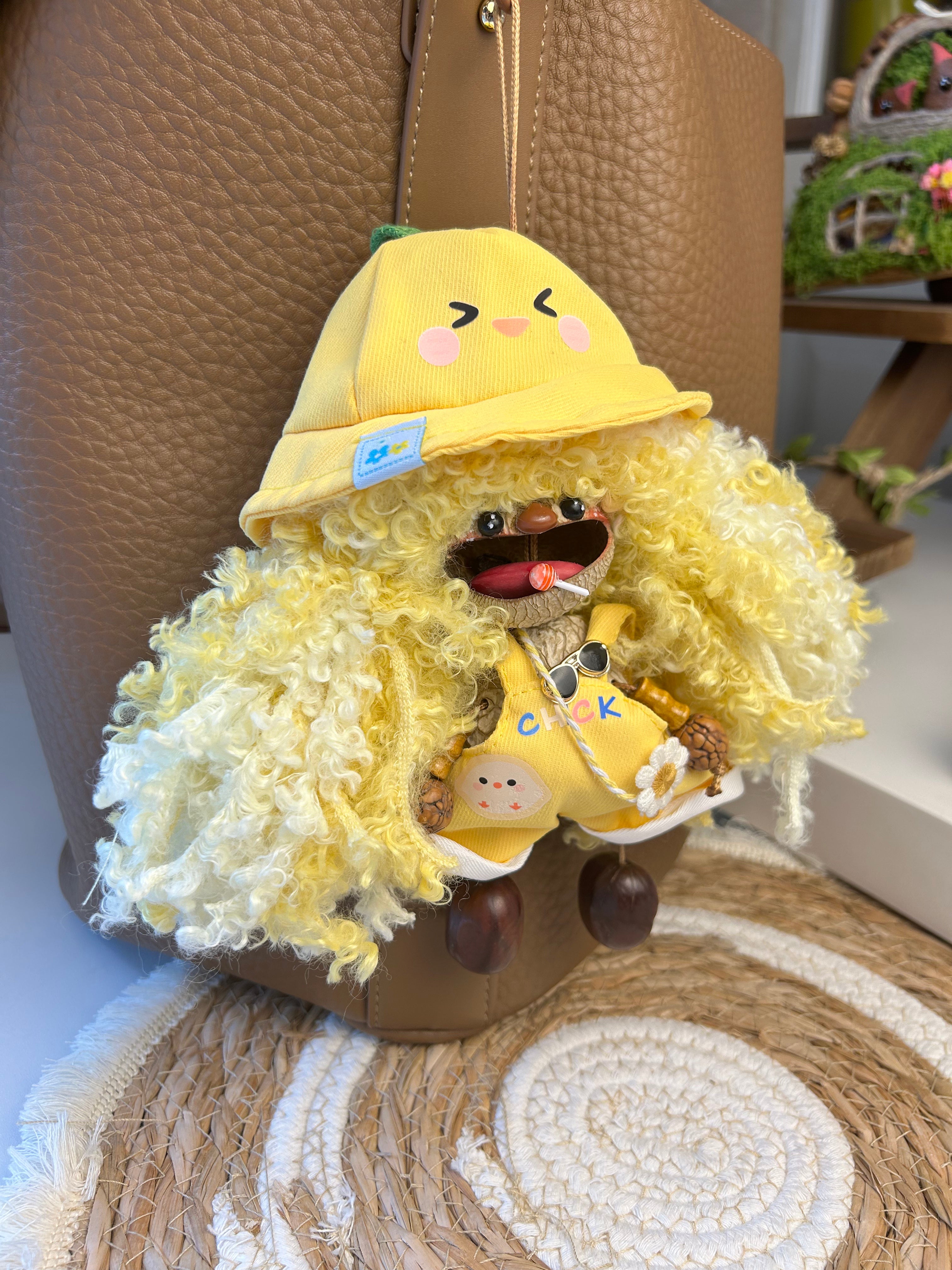 Handmade Natural Nut Shell Doll, Cute Yellow Vacation Style Doll, Boho Mini Charm for Home Decor & Bag Pendant & Gift