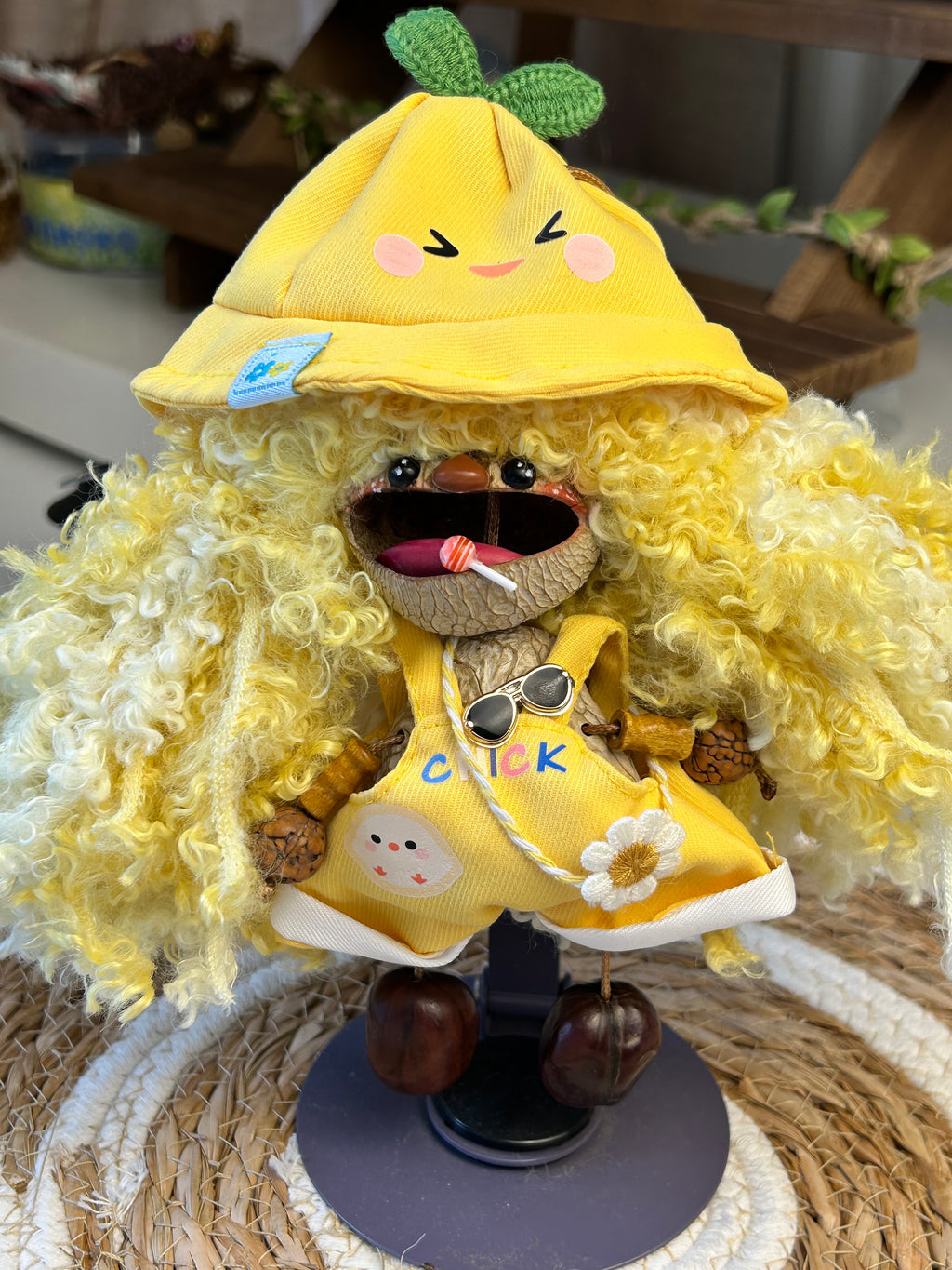 Handmade Natural Nut Shell Doll, Cute Yellow Vacation Style Doll, Boho Mini Charm for Home Decor & Bag Pendant & Gift