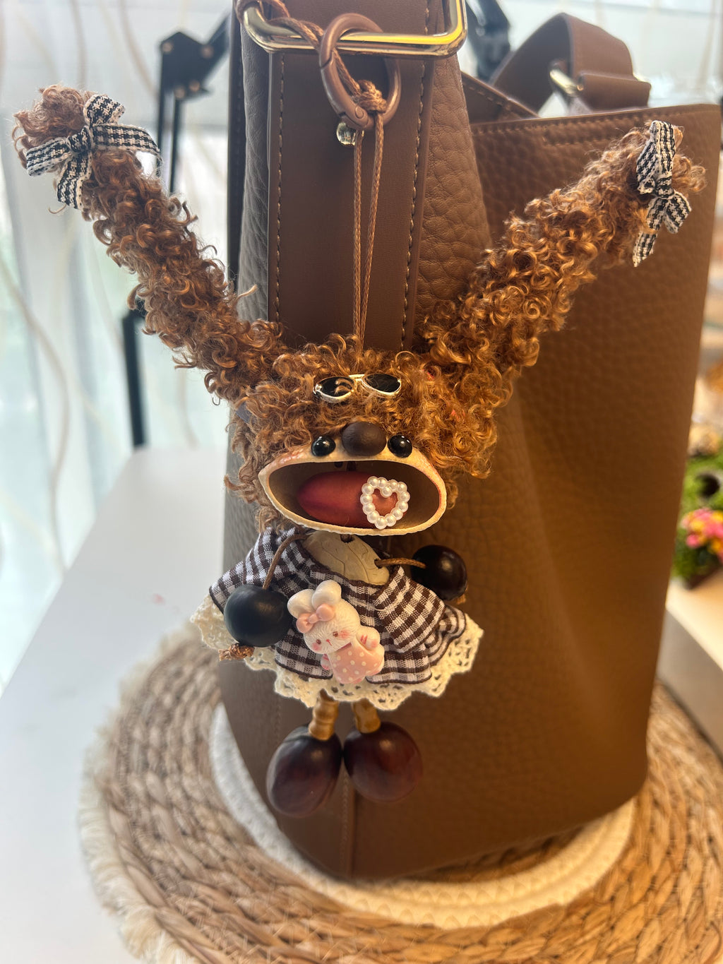 Handmade Natural Fruit Shell Ugly Cute Girl Ornament, Vintage Plaid Dress Double Curly Ponytail Mini Charm