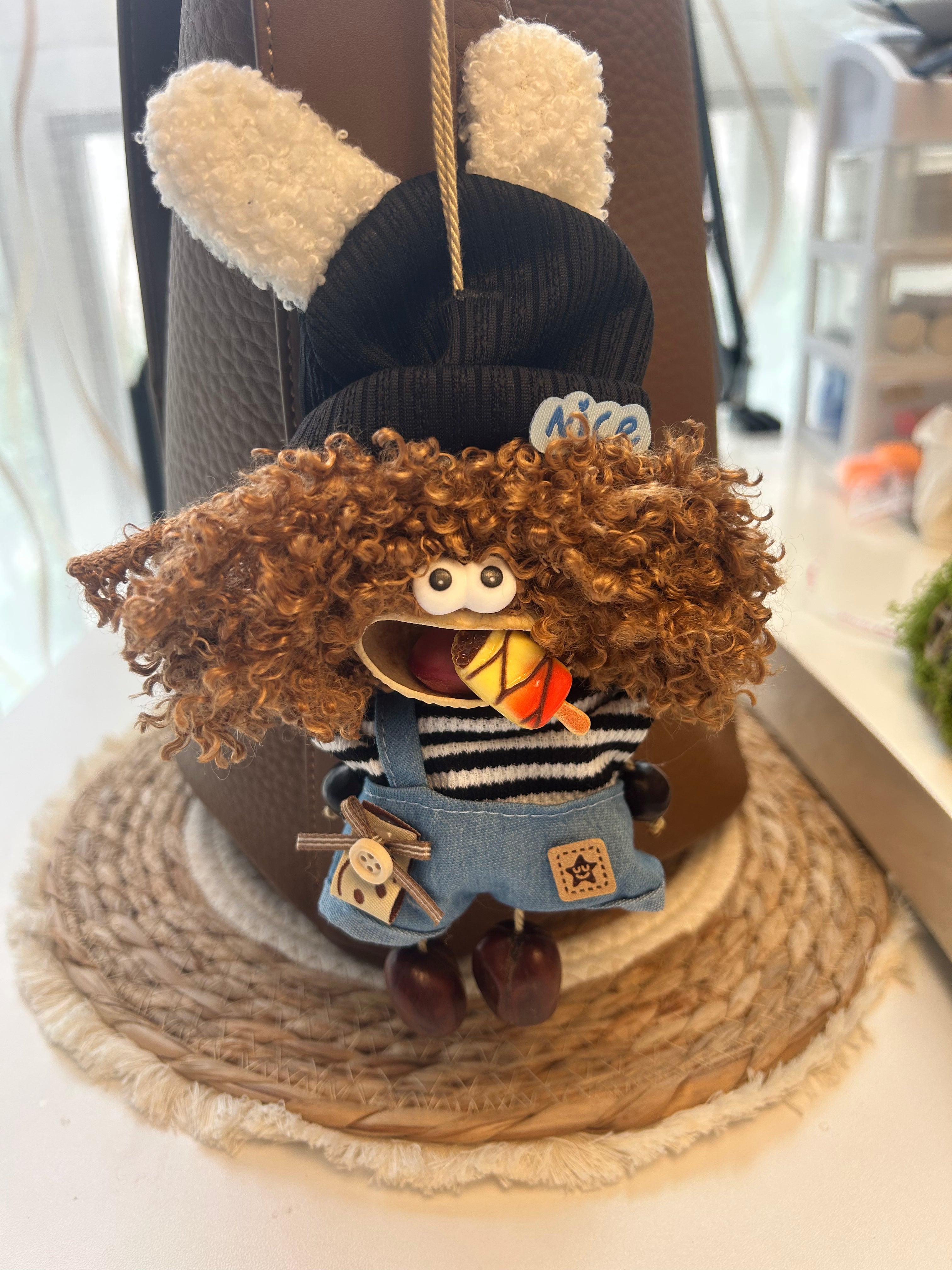 Handmade Natural Fruit Shell Ugly Cute Doll Ornament, Bunny Ear Beanie Denim Overalls Mini Bag Charm