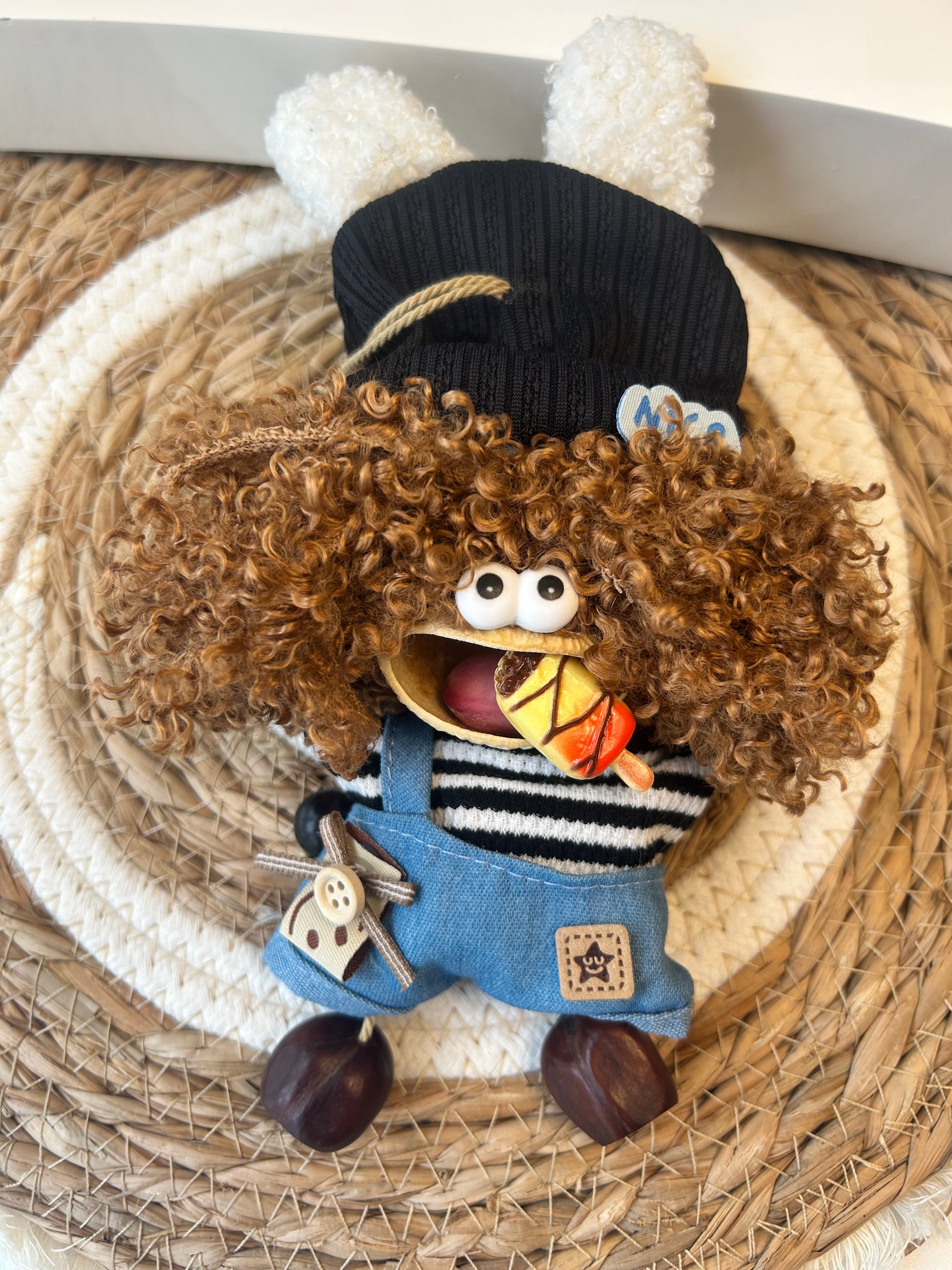 Handmade Natural Fruit Shell Ugly Cute Doll Ornament, Bunny Ear Beanie Denim Overalls Mini Bag Charm