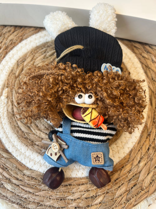 Handmade Natural Fruit Shell Ugly Cute Doll Ornament, Bunny Ear Beanie Denim Overalls Mini Bag Charm