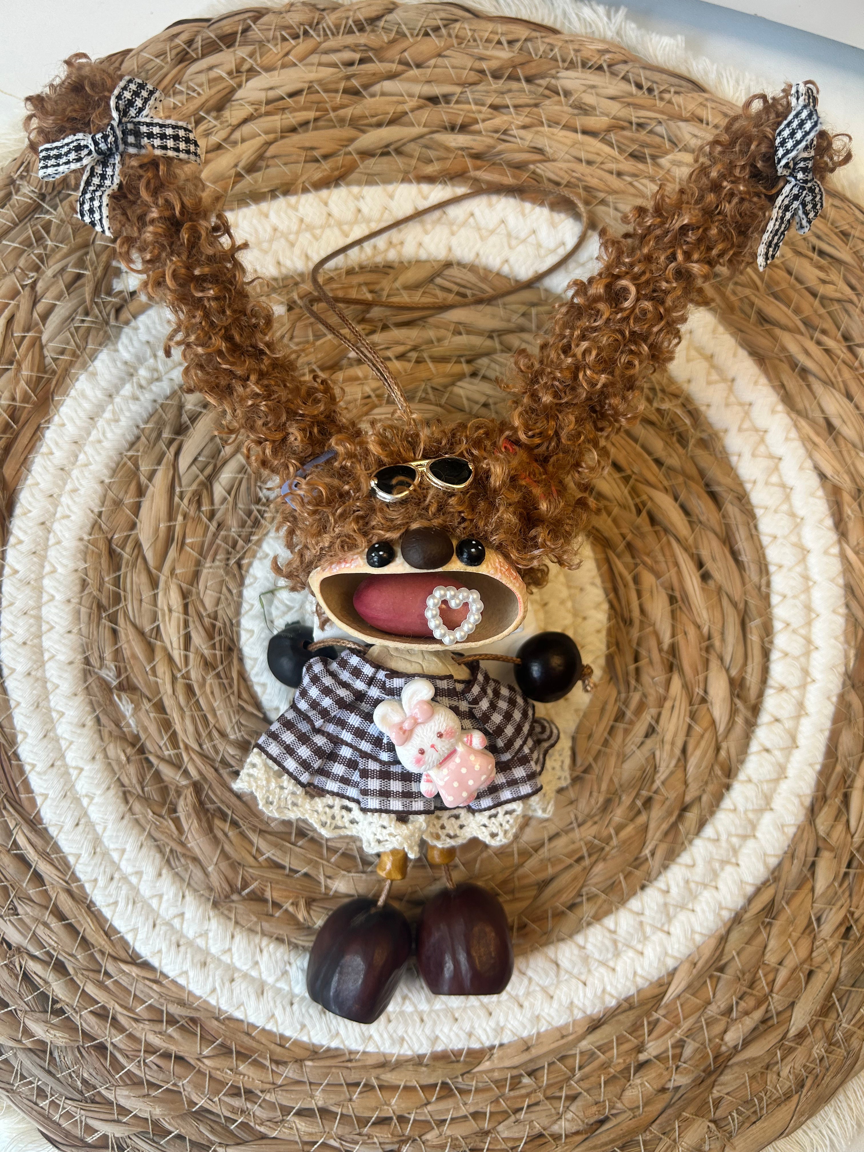 Handmade Natural Fruit Shell Ugly Cute Girl Ornament, Vintage Plaid Dress Double Curly Ponytail Mini Charm